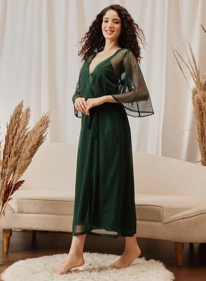 Clovia Pack of 2 - Lace Trim Satin Robe and Slip Dress